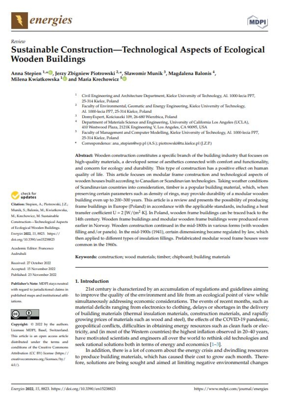 Sustainable Construction—Technological Aspects of Ecological Wooden Buildings