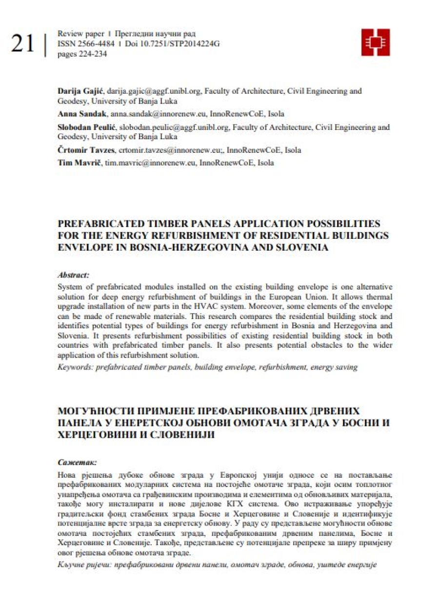 Prefabricated timber panels application possibilities for the energy refurbishment of residential buildings envelope in Bosnia-Herzegovina and Slovenia