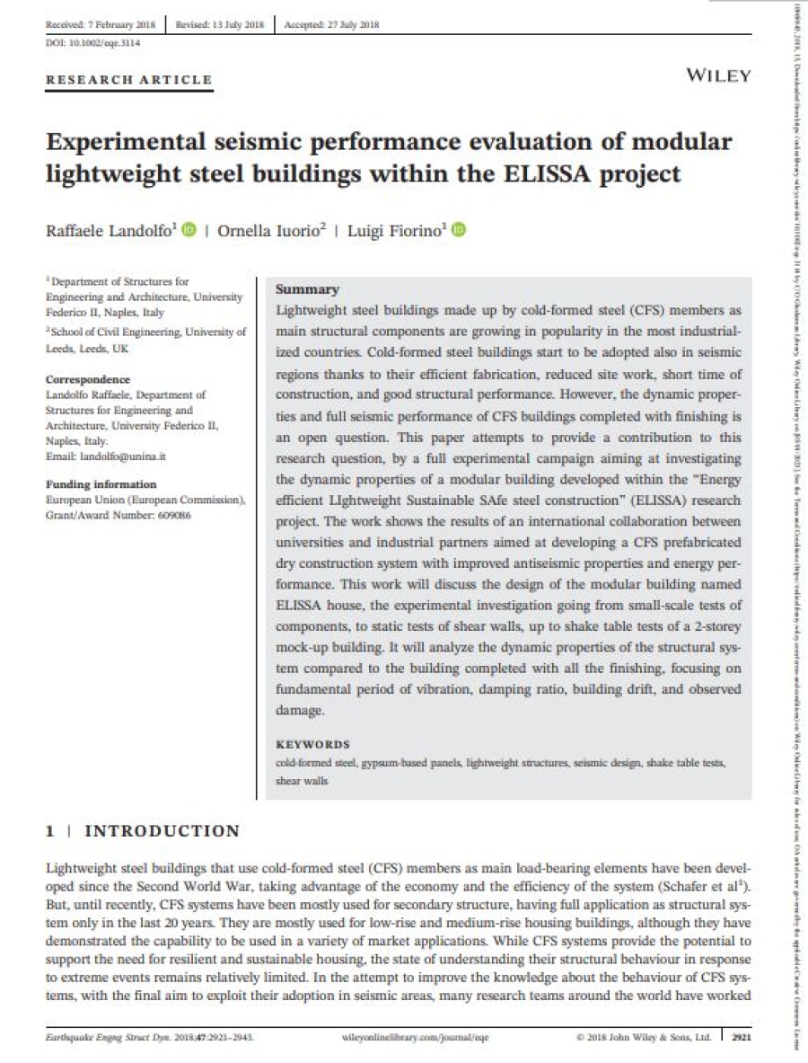 Experimental seismic performance evaluation of modular lightweight steel buildings within the ELISSA project