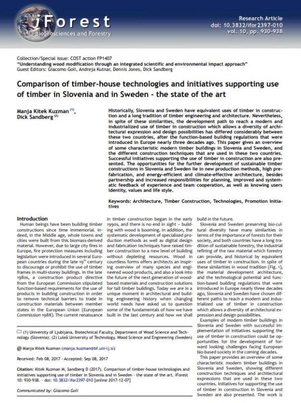 Comparison of timber-house technologies and initiatives supporting use of timber in Slovenia and in Sweden – the state of the art.