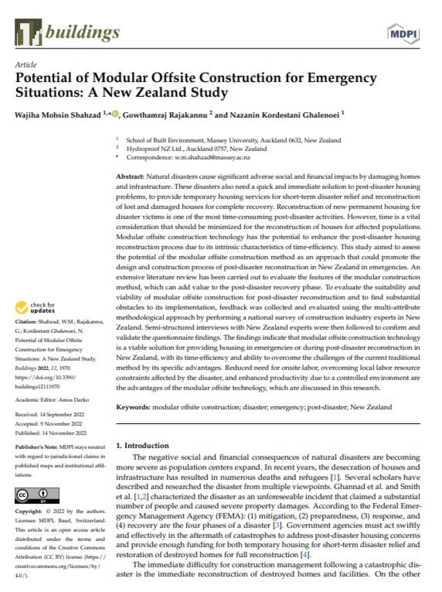 &quot;Potential of Modular Offsite Construction for Emergency Situations: A New Zealand Study&quot;
