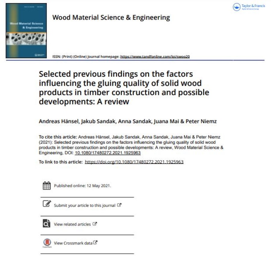 &quot;Selected previous findings on the factors influencing the gluing quality of solid wood products in timber construction and possible developments: A review, Wood Material Science &amp; Engineering&quot;