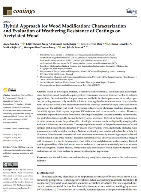 &quot;Hybrid Approach for Wood Modification: Characterization and Evaluation of Weathering Resistance of Coatings on Acetylated Wood &quot;