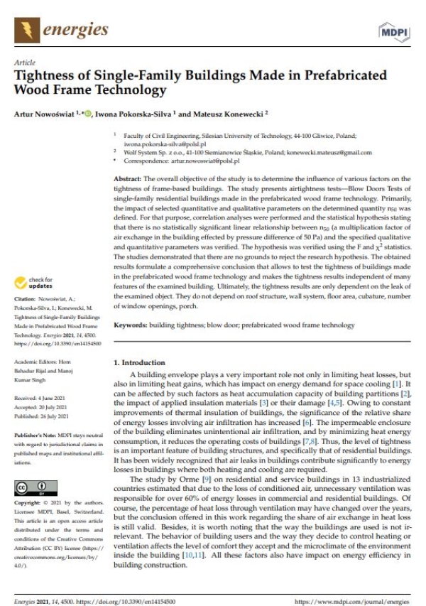 &quot;Tightness of Single-Family Buildings Made in Prefabricated Wood Frame Technology&quot;
