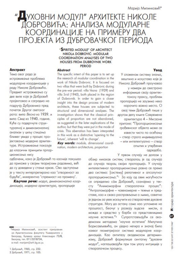 &quot;“SPIRITED MODULE” OF ARCHITECT  NIKOLA DOBROVIÆ: MODULAR  COORDINATION ANALYSES OF TWO  HOUSES FROM DUBROVNIK WORK  PERIOD&quot;